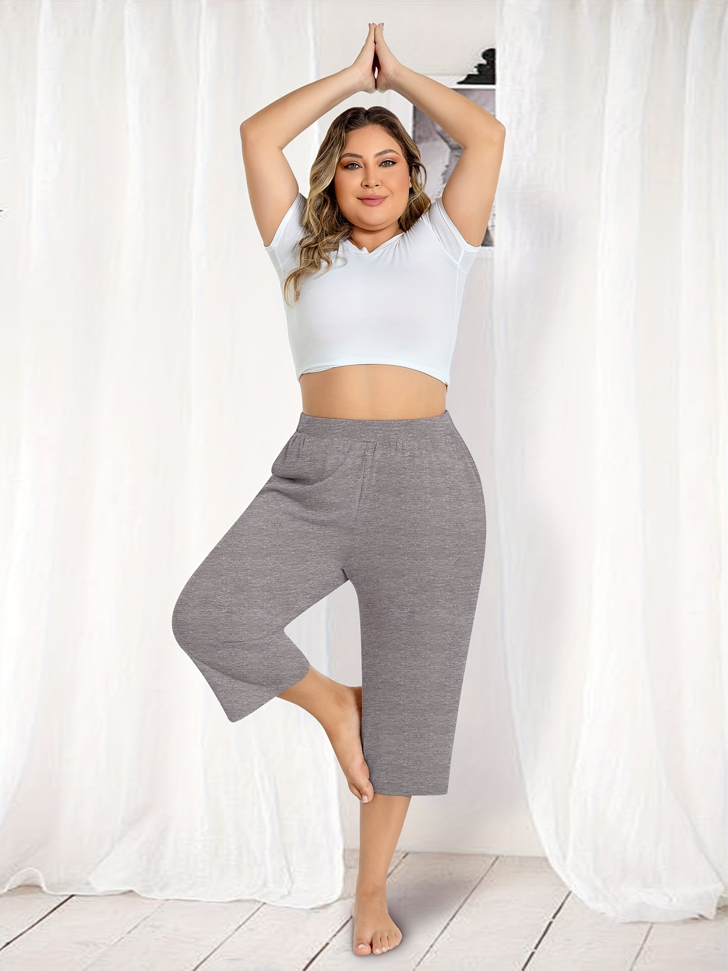 3 Pack Women's Plus Size Capri Pants - Summer Yoga Pants with Pockets | Ultra Soft Wide Leg Lounge Pants for Casual Outfits & Street Style | Breathable Stretchy Athleisure Sweatpants