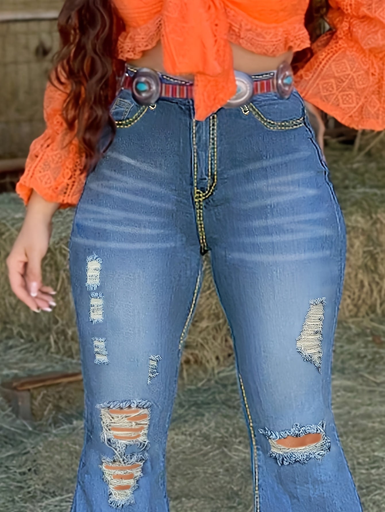 High-Waisted Bootcut Jeans for Women - Classic Blue Stretchy Jeans with a Sexy Distressed Design