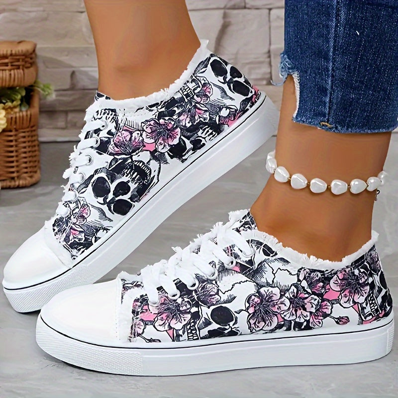Women's Low-Top Sneakers - Soft Lining & Sole, Round Toe Geometric Embellished Casual Shoes, Low-Top Lace-Up All-Season Wear Suitable for Daily, Office, Semi-Formal - /Korean Style (/Fabric Upper), Women Shoes