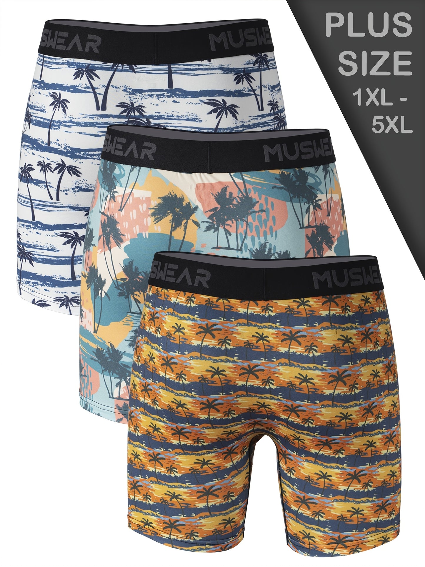 3pcs Men's Plus Size Boxer Briefs - Tropical Beach Swim Trunks with Coconut Tree & Sunset Print, Double-Sided Brushed Underwear for Extended Coverage, Elastic Waistband - Ideal for Vacation & Casual Attire (Machine Washable) - Ideal Gift for Him, Comforta