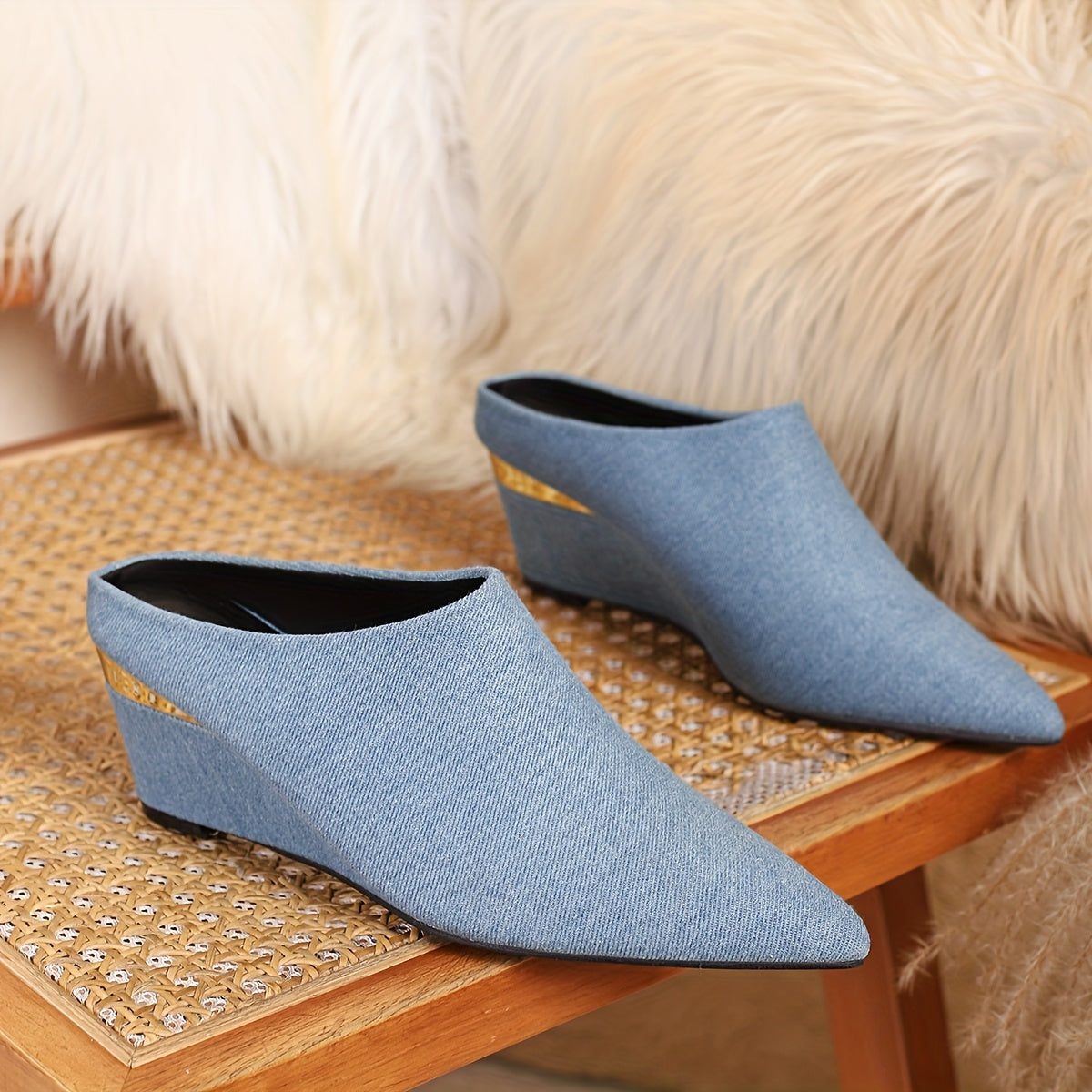 A Pair of Blue Denim Wedge Sandals, Suitable for All Seasons, Versatile Solid Color Footwear for Women, Including Casual Slippers., Women Shoes