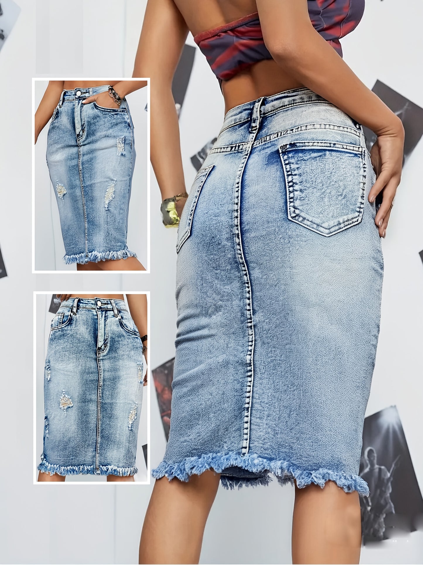 Knee-Length Women'S Denim Skirt Featuring Ripped Accents - Solid Blue with a Frayed Hem, Perfect for Casual Streetwear in Spring, Summer, And Fall. A Blend of Street And Elegant Fashion with Medium Elasticity
