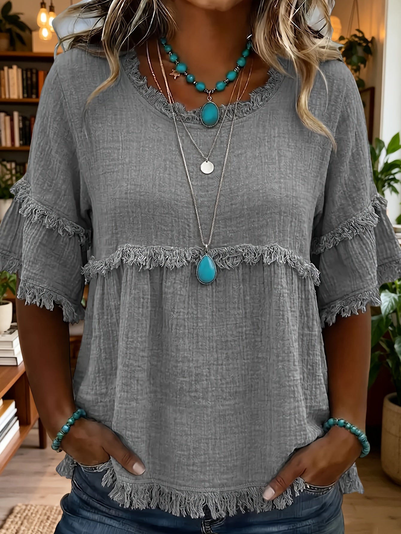 Women'S Round Neck Short Sleeve Casual Blouse with Fringed Trim