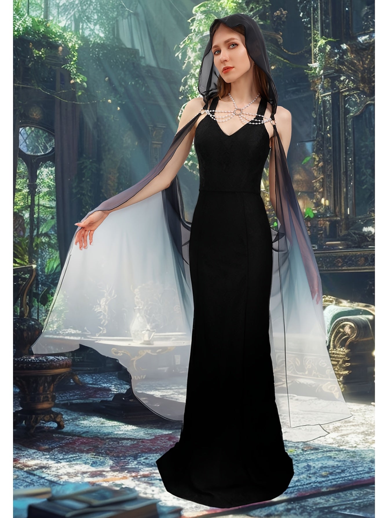 Full-Length Tulle Gothic Bridal Fairy Cloak with Hood for Women, Off-Shoulder Capelet