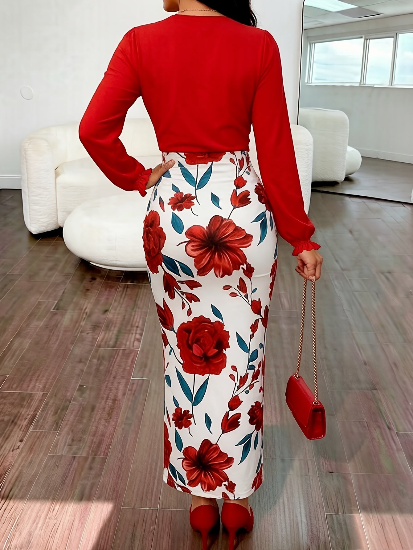 Floral Print Splicing Dress, Elegant Drawstring Long Sleeve Dress, Women'S Clothing