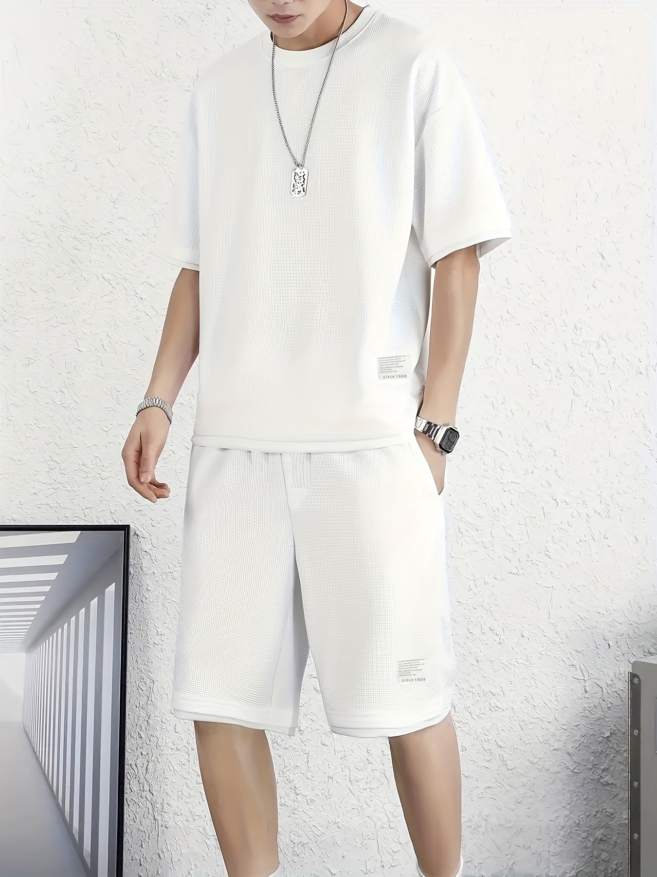 6pcs Waffle Knit Men's Loungewear Set: Soft and Comfortable Short-Sleeve Top + Shorts Pajama Set, Short Sleepwear Combo with Elastic Waist, Suitable for Wearing Outdoors