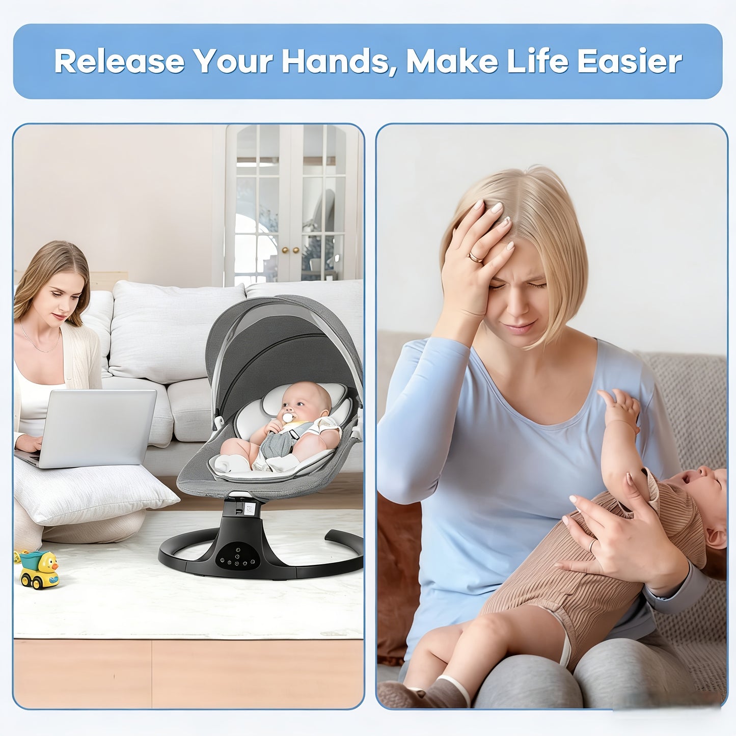 Baby Swing, 5 Different Swinging Speeds, 10 Lullaby Songs, 15-point Safety Belt, Suitable for Both Indoor And Outdoor Use, Frees Mom's Hands, Equipped with A Safety Belt, Lightweight, Easy to Fold And Store, Suitable for Babies Aged 0-9 Months.