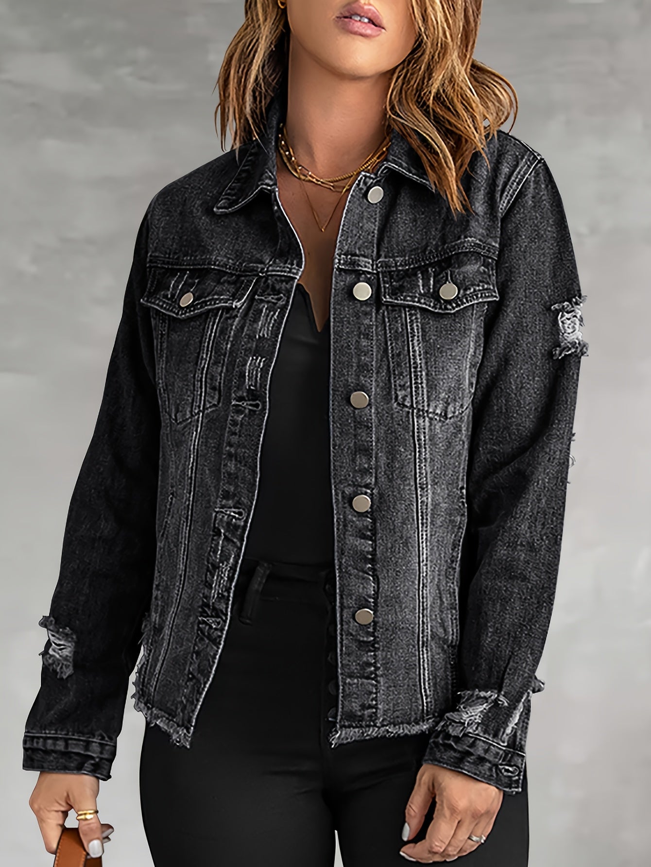 Washed Out Women's Denim Jacket with Pockets; Boyfriend Style; Distressed Look.