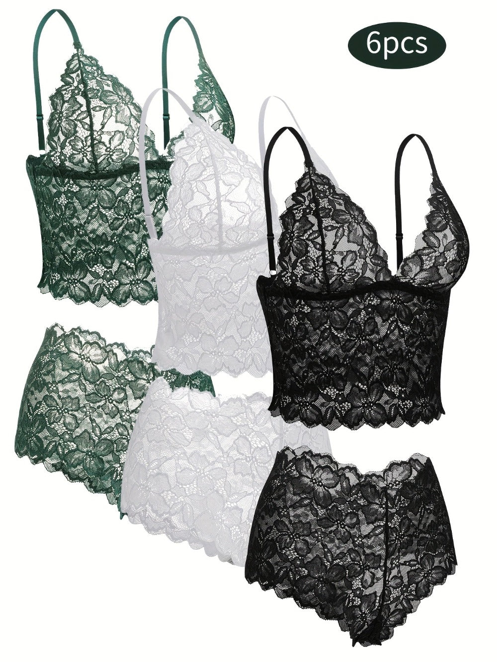 6-Pack Women's Bra and Panty Lingerie Set - Floral Lace Coordinated Style