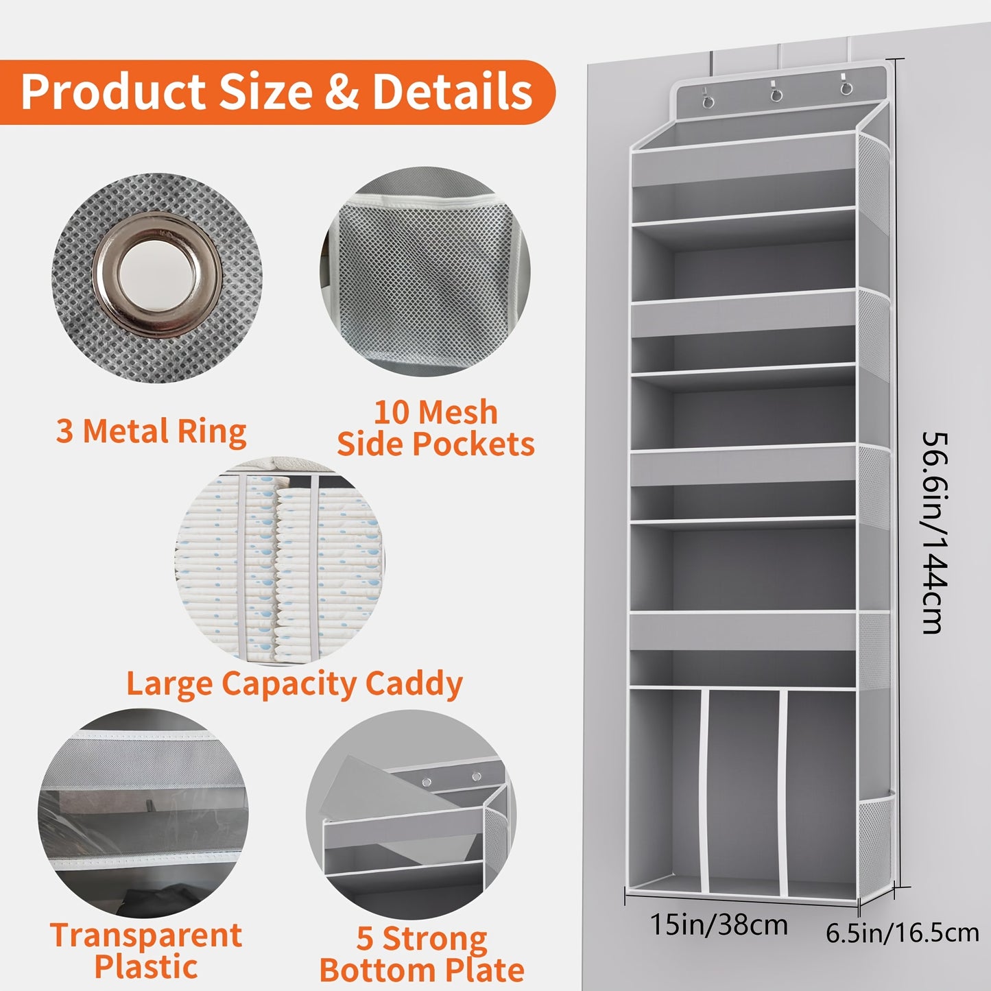 Over the Door Organizer Hanging - 6 Shelf Over Door Organizers with 6 Clear Front &12 Side Pockets - Swing-proof 50LB Load Behind Door Storage for Closet Bedroom Bathroom Nursery Essentials
