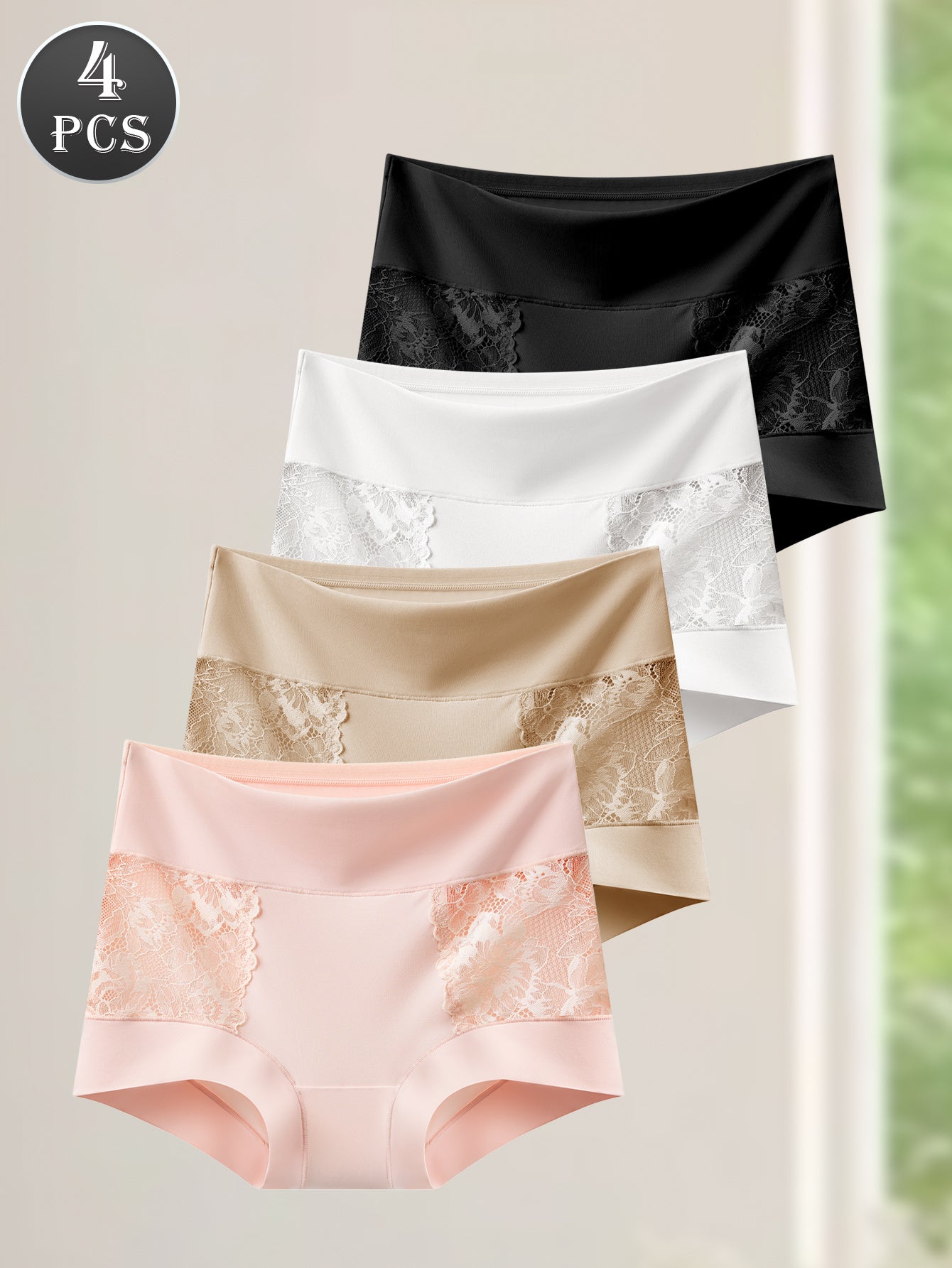A Set of Four Stylish And Romantic Women'S Panties with Floral Lace Edges. They Are Trendy, Comfy, And Allow for Airflow. Perfect for Wearing As Outer Garments, Ideal for Vacations, And Suitable for Any Season. Budget-Friendly Underwear