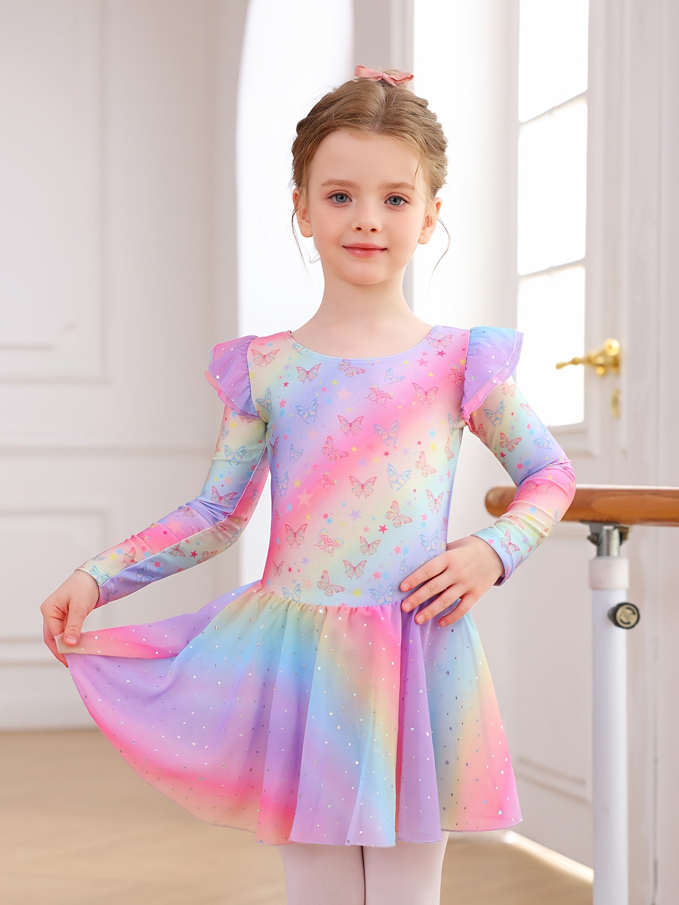 Easter Girl Clothes, Girls' Clothing, Girls' Dance Dress, Autumn And Winter Long-sleeve New Rainbow Star Pattern Tulle Dress, Sweet And Cute Sequin Chiffon Dress, Children's Ballet Dress, Leotard Tulle Dress