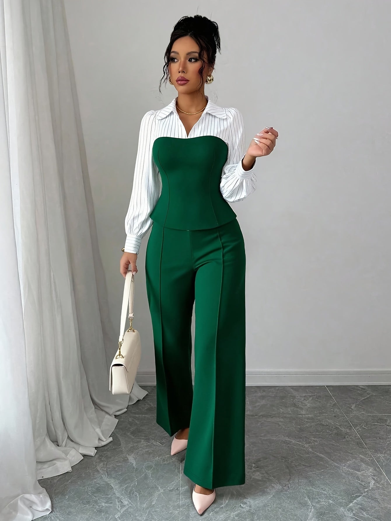 2pcss Women'S Thin Striped Patchwork Elegant Casual 2pcs Set, Long Sleeve Top And Pants