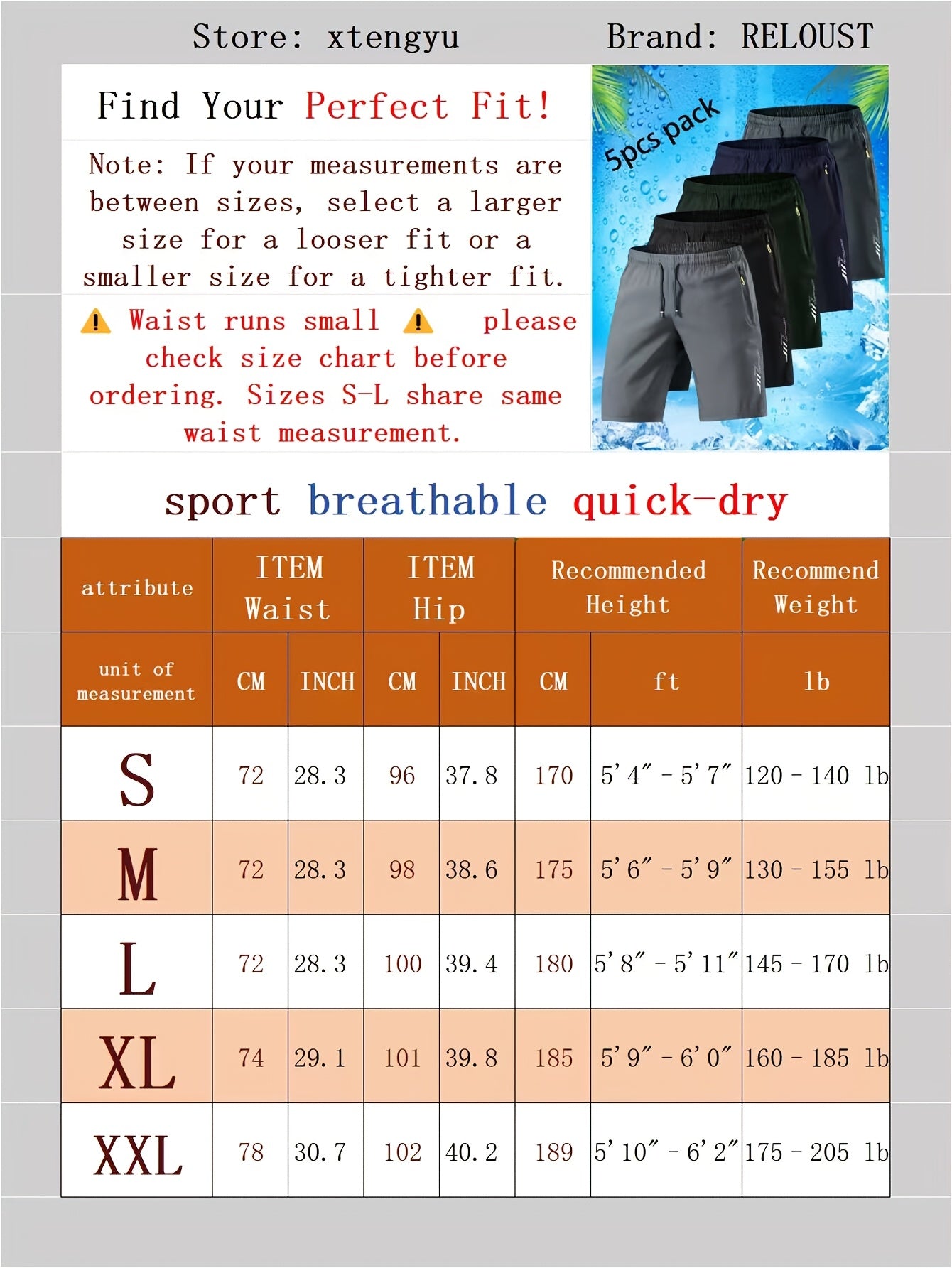 5-Pair Men's Lightweight Summer Athletic Shorts - Breathable, Moisture-wicking, And Quick-drying; Solid Color with Zippered Pockets; Suitable for Sports And Casual Wear; Ventilated Textured Design