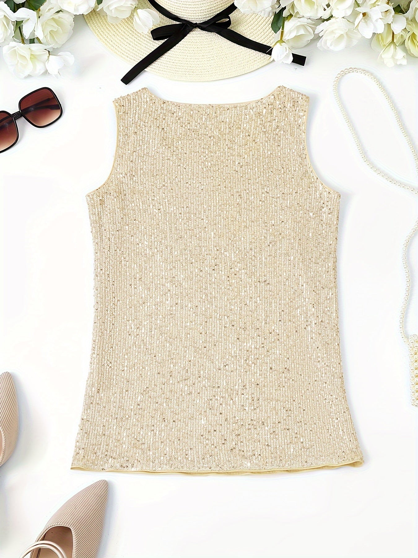Sparkling Sequin V-Neck Sleeveless Top, Elegant Casual Tank for Spring and Summer Wear
