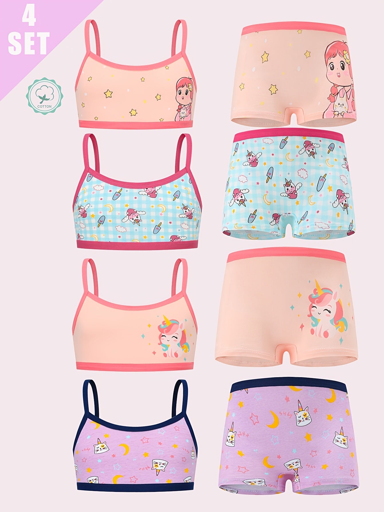 4 Sets/8pcs Teens Girls Vest Boxers Underwear Set Cotton Cute Animals Print Soft Breathable Teens Bra And Panty Set