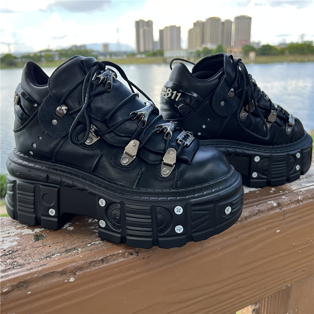 Casual Shoes with a Thick Sole And Black Metal Accents, Featuring a Unisex Retro Punk Design And Lace-Up Style
