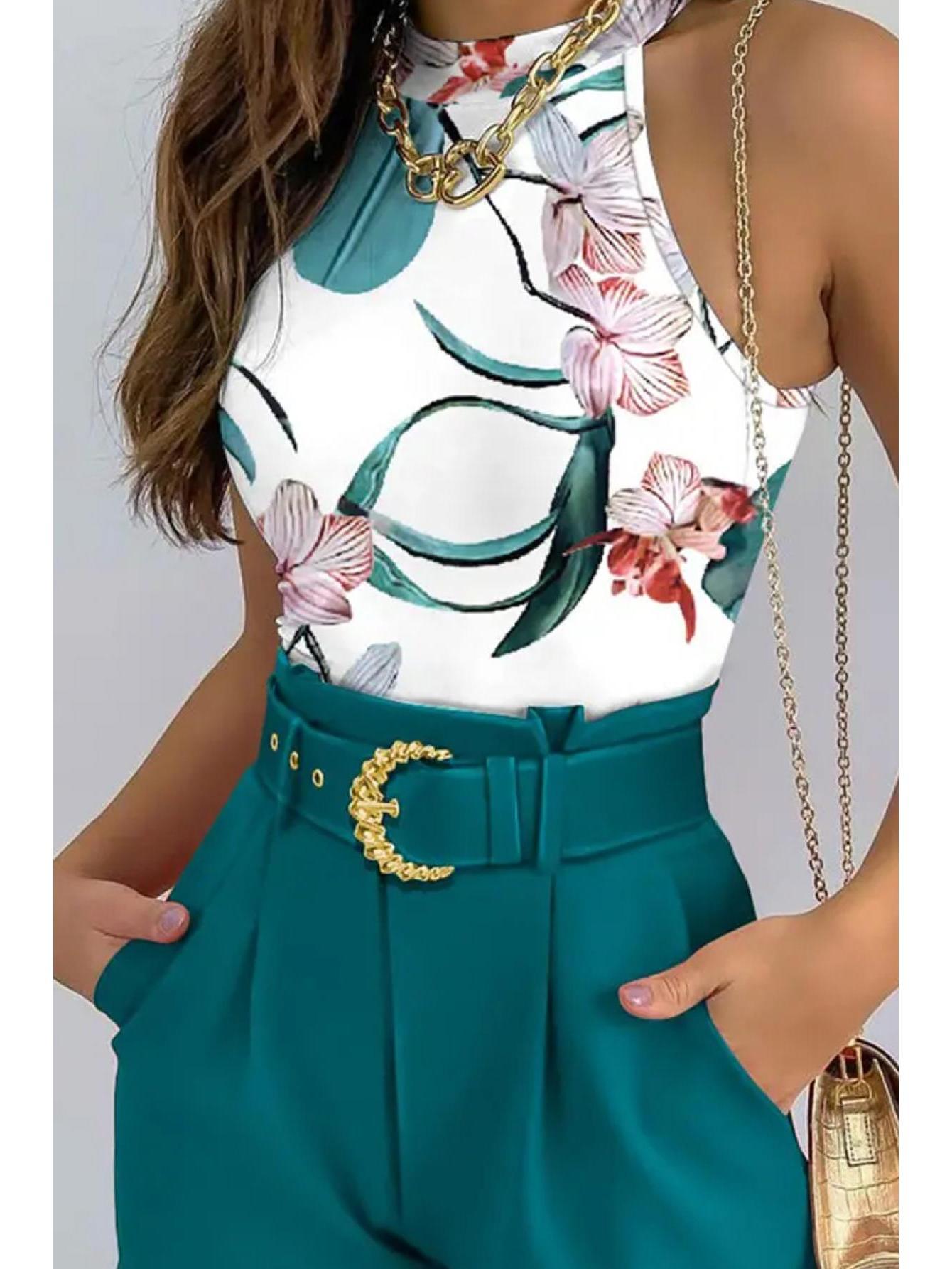 LKwxsai Women Tops Pants Suit, Sleeveless Round Neck Floral Print Vest + High Waist Trousers With Waist Belt