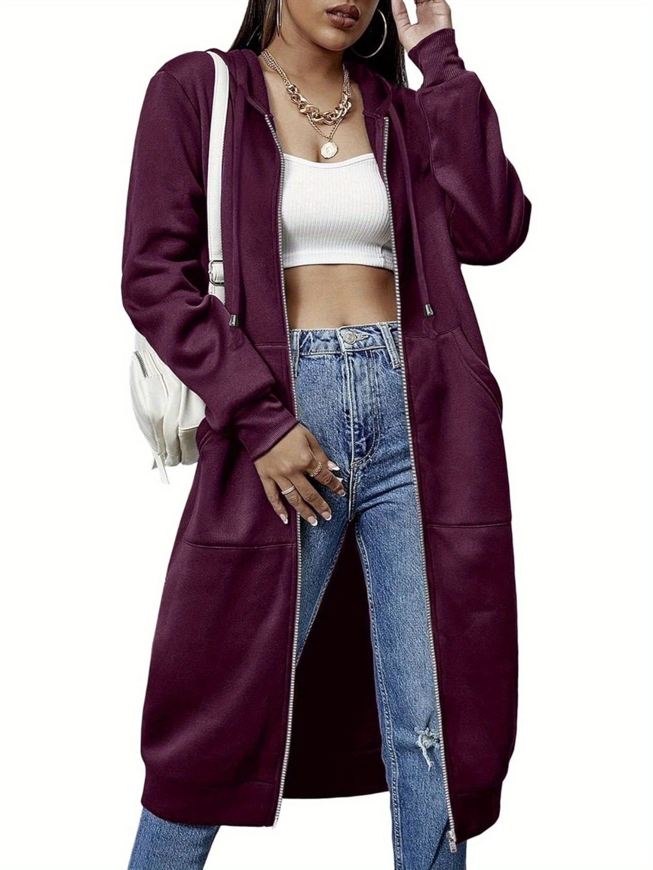 Women Casual Zip Up Fleece Hoodies Tunic Sweatshirt Long Hoodie Jacket