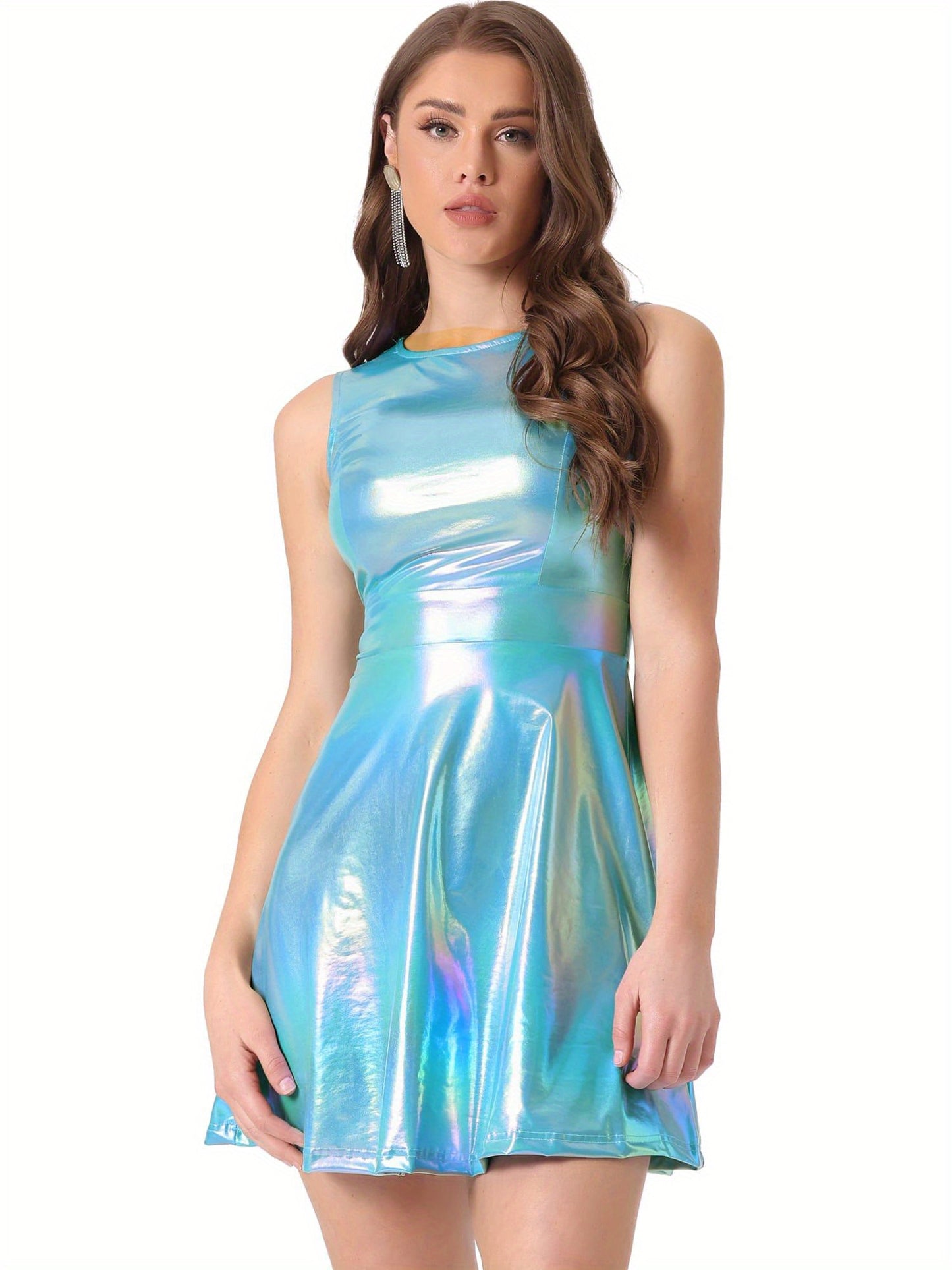 Metallic Holographic Women's High Waist Sleeveless Club Party Disco Dress