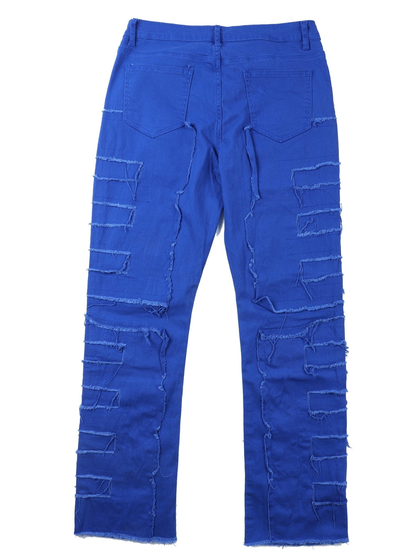 Men'S Slim-Fit Distressed Washed Blue Faux Denim with Fringe Hem & Tassel Details - Heavy-Faux Denim Streetwear Hip-Hop Skateboard Rap Style, All-Season Comfort Stretch Faux Denim for Men, Casual to Semi-Formal Wear (Regular Length), Stretchable Faux Deni