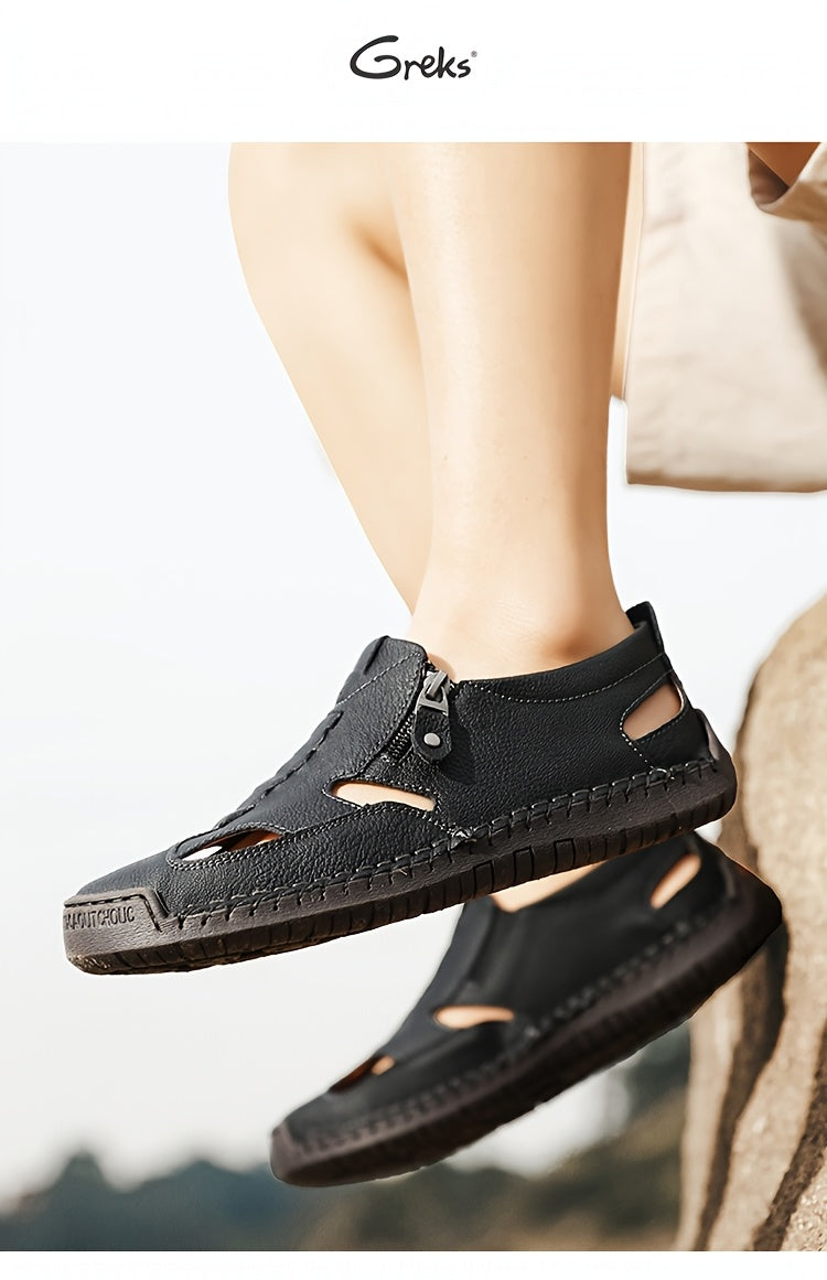 GREKS Men's Closed-Toe Fisherman Sandals Slip-On | Breathable Comfortable Casual Loafers for Summer Outdoor Driving & Walking | Side Zipper Hand-Sewn