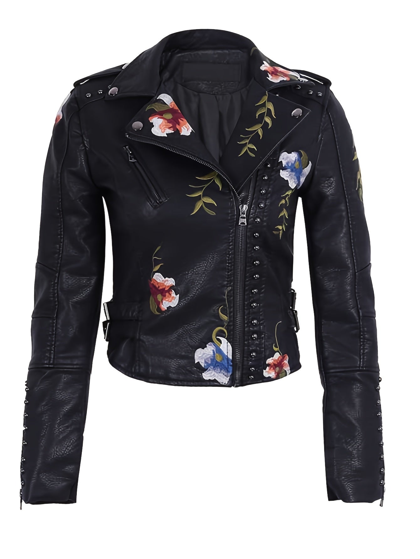 Women's Floral Faux Moto PU Jacket Coat