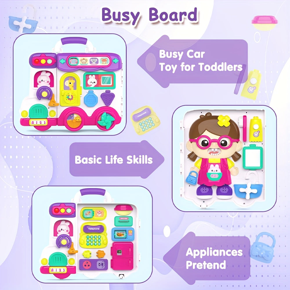 54-in-1 Musical Busy Board Toy For Baby 6-12-18 Months, Bilingual English & Spanish Early Learning Toy With Interactive Activities (Shapes, Numbers, Letters) - Educational Gift For Boys & Girls, White/Purple, Battery Powered, Youngsters Toy