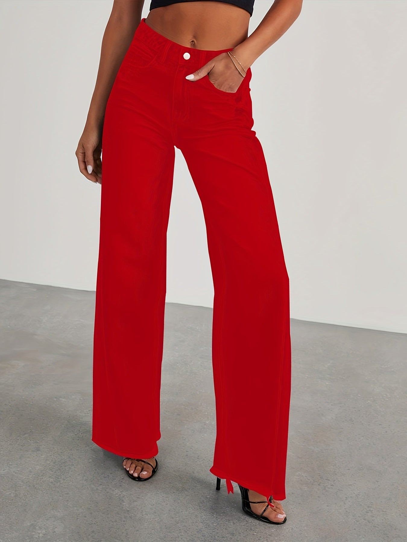 Women's High-Waisted Wide Leg Jeans - Casual Baggy Stretch Denim Pants with Pockets
