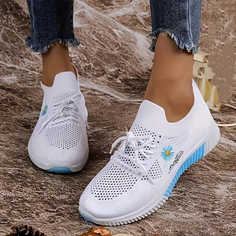 2026 New Spring/Summer Women's Sneakers - 2026 Spring Women's Shoes, Breathable and Lightweight Sneakers for Women - Stylish White and Pink Casual Running Shoes with Floral Embroidery - Durable Outdoor Hiking Shoes with Soft Fabric Lining