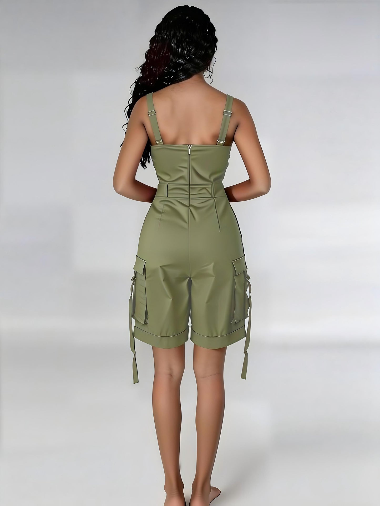 Women'S Sleeveless Square Neck Suspender Cargo Romper, High Waist Wide Leg Overall Shorts Jumpsuit With Pockets, Summer Casual Streetwear For Ladies