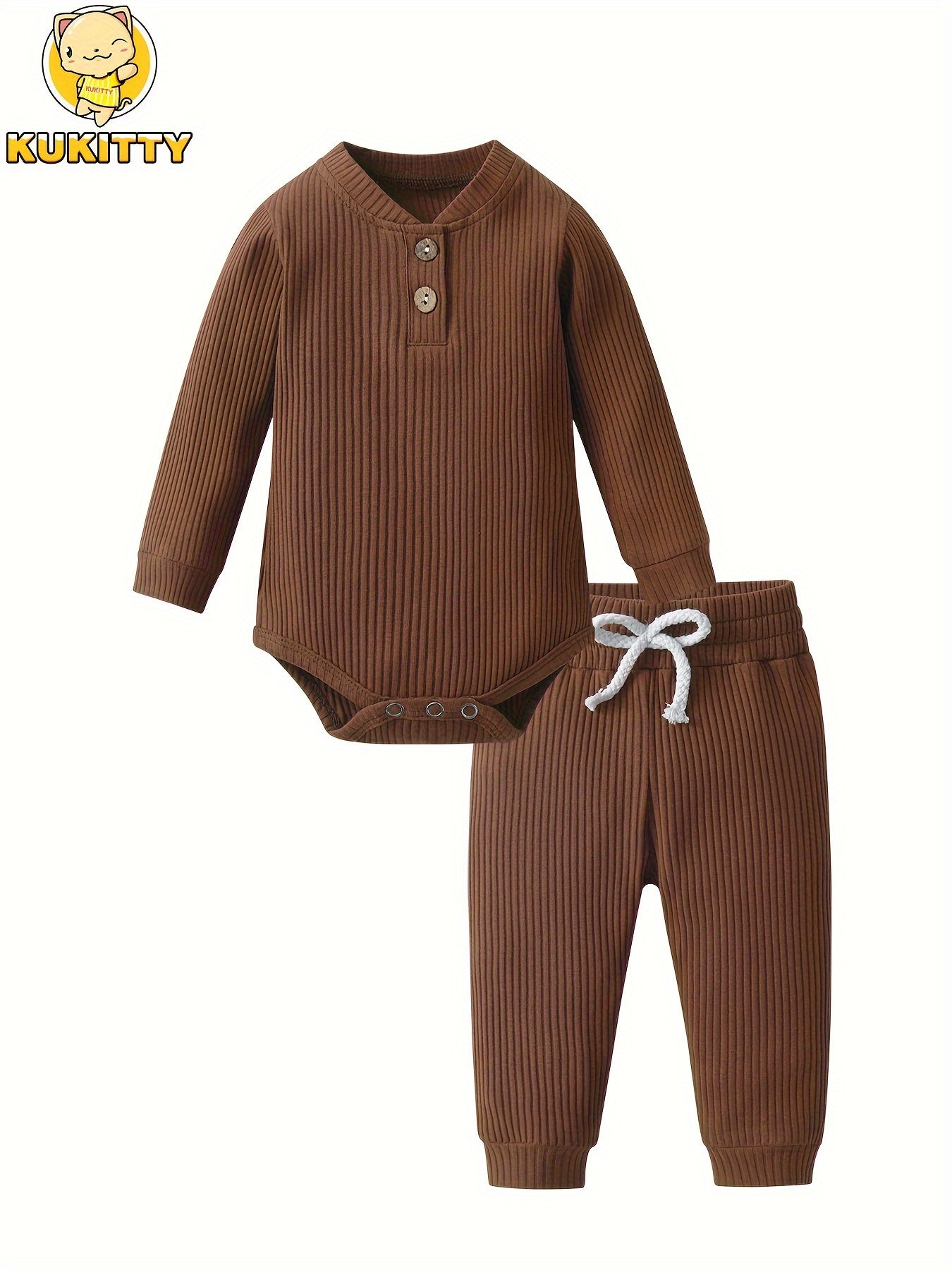 Kukitty Newborn Baby Boys Girls Clothes Unisex Long Sleeve Solid Color Ribbed Bodysuit And Pants Outfits Set, for Outdoor