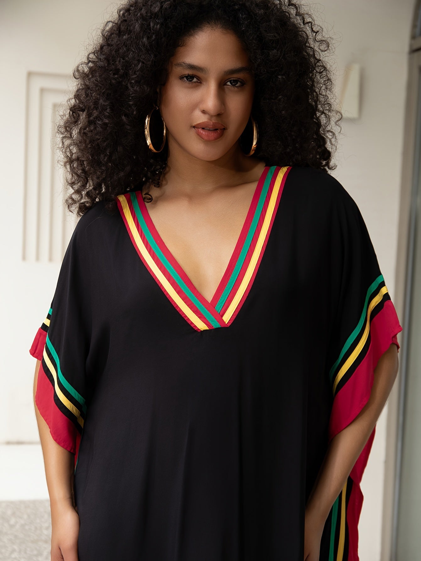 Women'S Casual Kaftan Dress, Plus Size Batwing Sleeve V Neck Maxi Dress