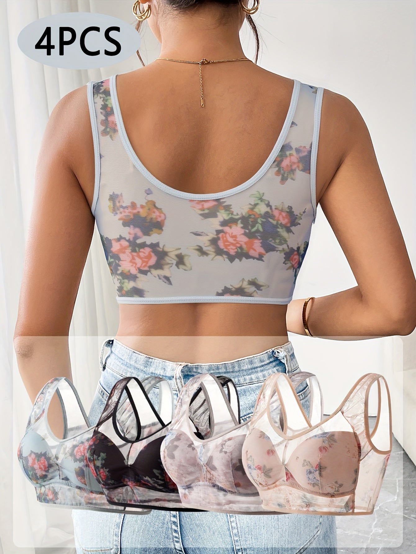 (4pcs Mixed Color Pack) Lace Mesh Bra, Comfortable And Breathable Full Coverage Bra, Women'S Underwear And Lingerie