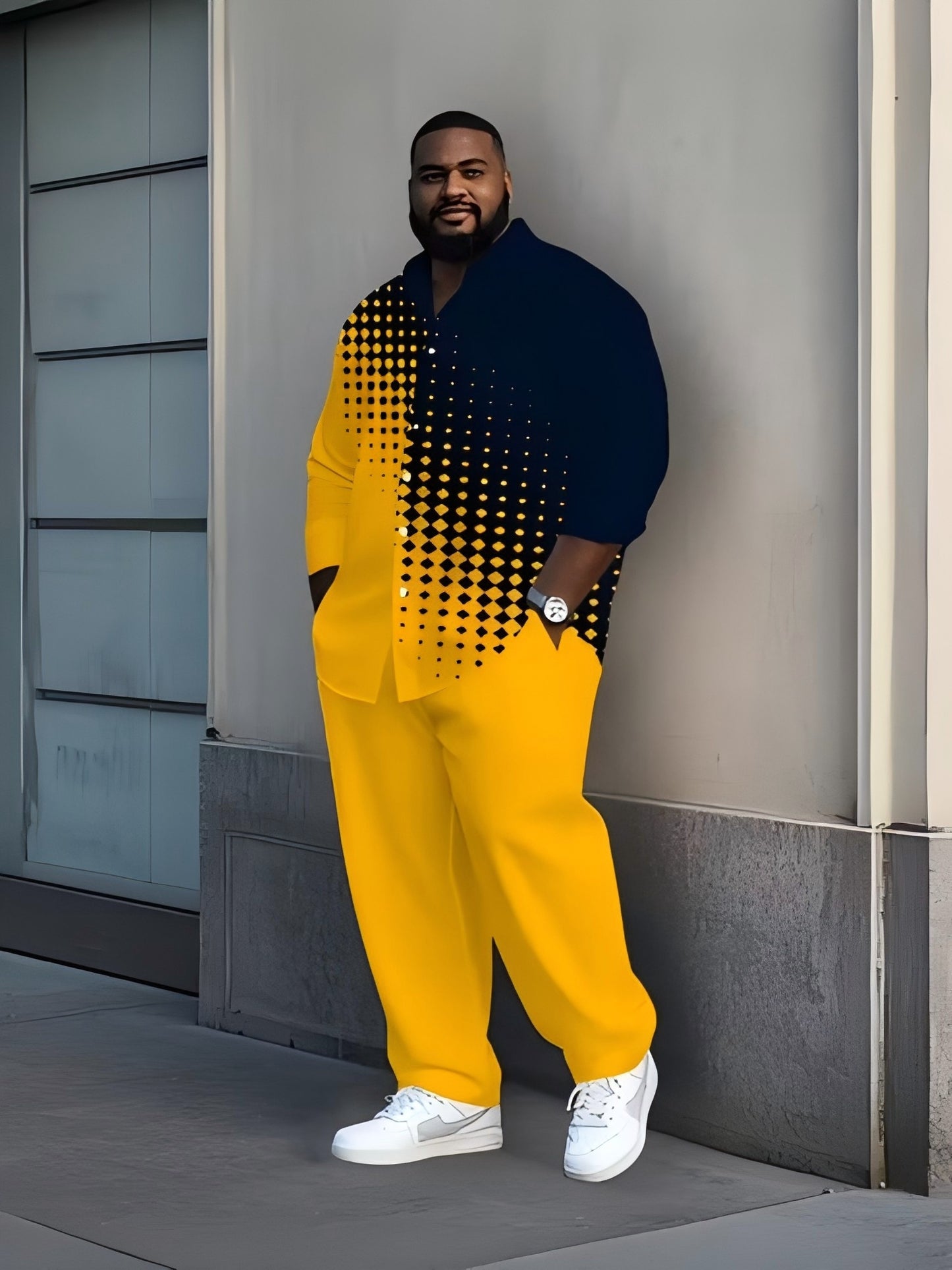 2pcs Set- Plus-size Men's Long-sleeved Shirt and Trousers Set, Yellow and Black Contrast Stitching, Polka Dot Print, Local Warehouse, Suitable for All Seasons, Suitable for Leisure, Parties, Festivals, Daily Office Use, Wrinkle-resistant Polyester