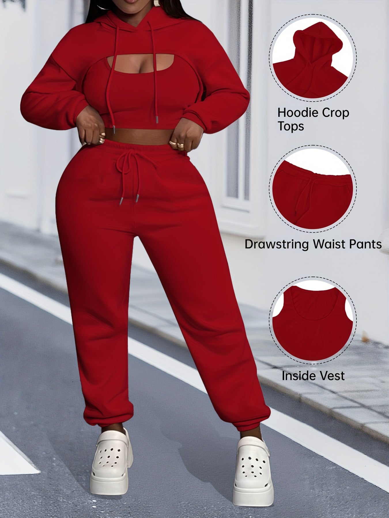 Women'S 3pcs Sweatsuits Sets Sexy Super Cropped Hoodie Tank Top And High Waisted Jogger Sweatpants Matching Loungewear Athleisure Outfits