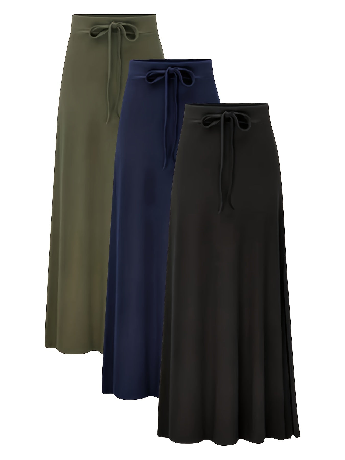 Plus Size - 3pcs Women'S Solid Color Elegant Long Skirt Fashionable High Waisted Elastic Slit A-line Skirt Large Casual, Daily Wear, Comfortable Clothing, Aline Silhouette, Elastic Fabric, Large Size Skirt, Women'S Skirt, Curvaceous Women