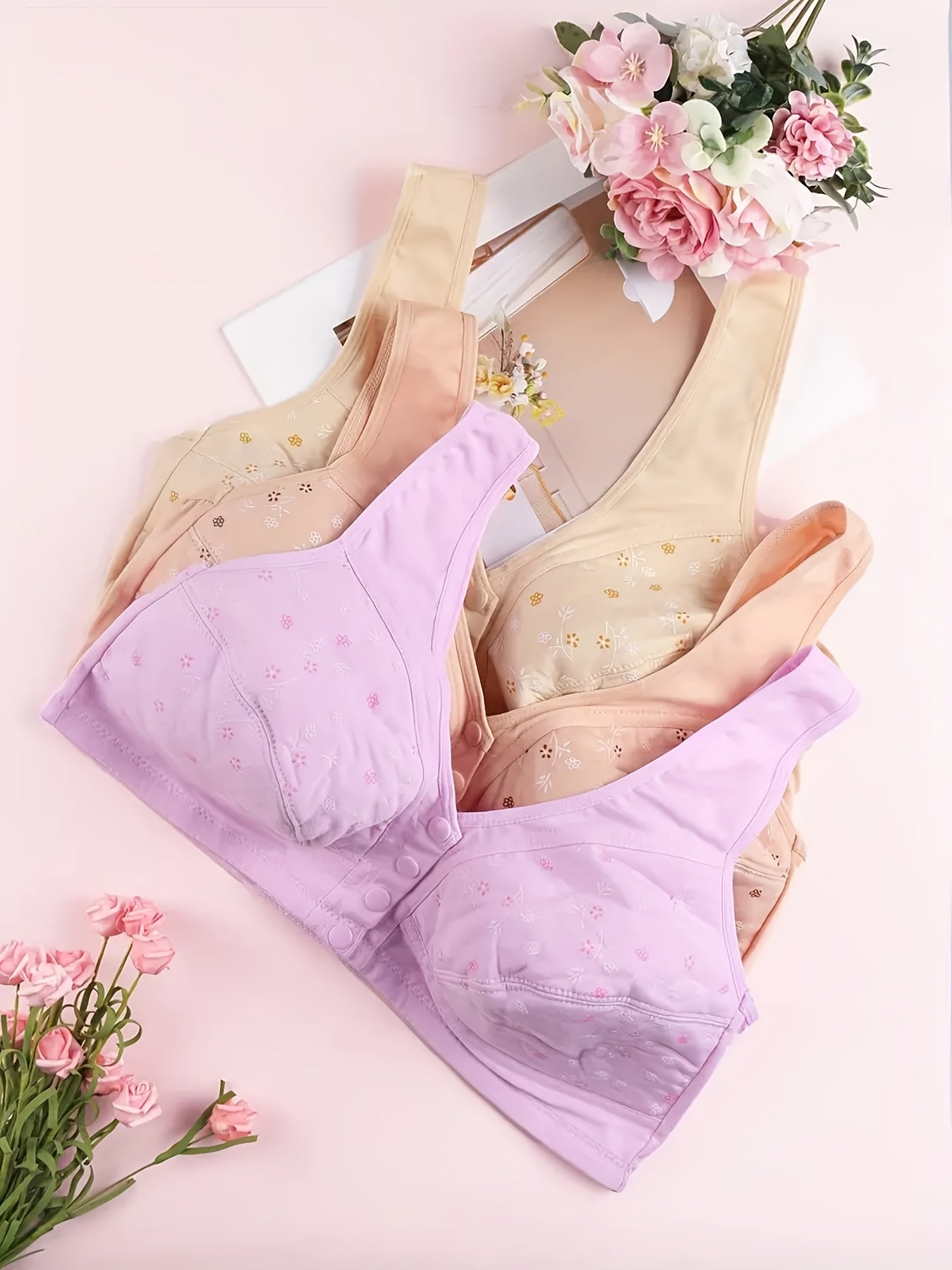 3pcs Plus Size Printed Front-Closure Bra Set Elegant Full-Cup Wire-Free Comfort Bras Women's Lingerie & Underwear Sets Everyday Bras Fashion Underwear Skin-Friendly Fabric Soft Material Padded Bras Seamless Underwear