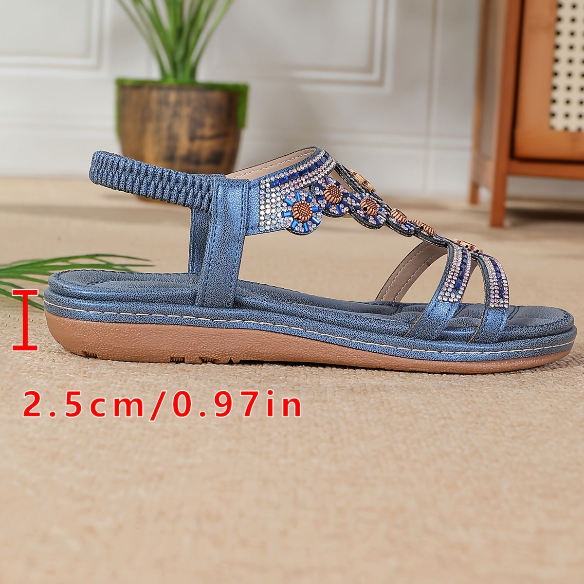 Women's Bohemian Rhinestone Jane Sandals - Slip- Open-Toe Flat with Elastic Strap, Low Heel & TPR Sole Suitable for Beach, Casual, - - Wearable (Low-Heel), Women Shoes