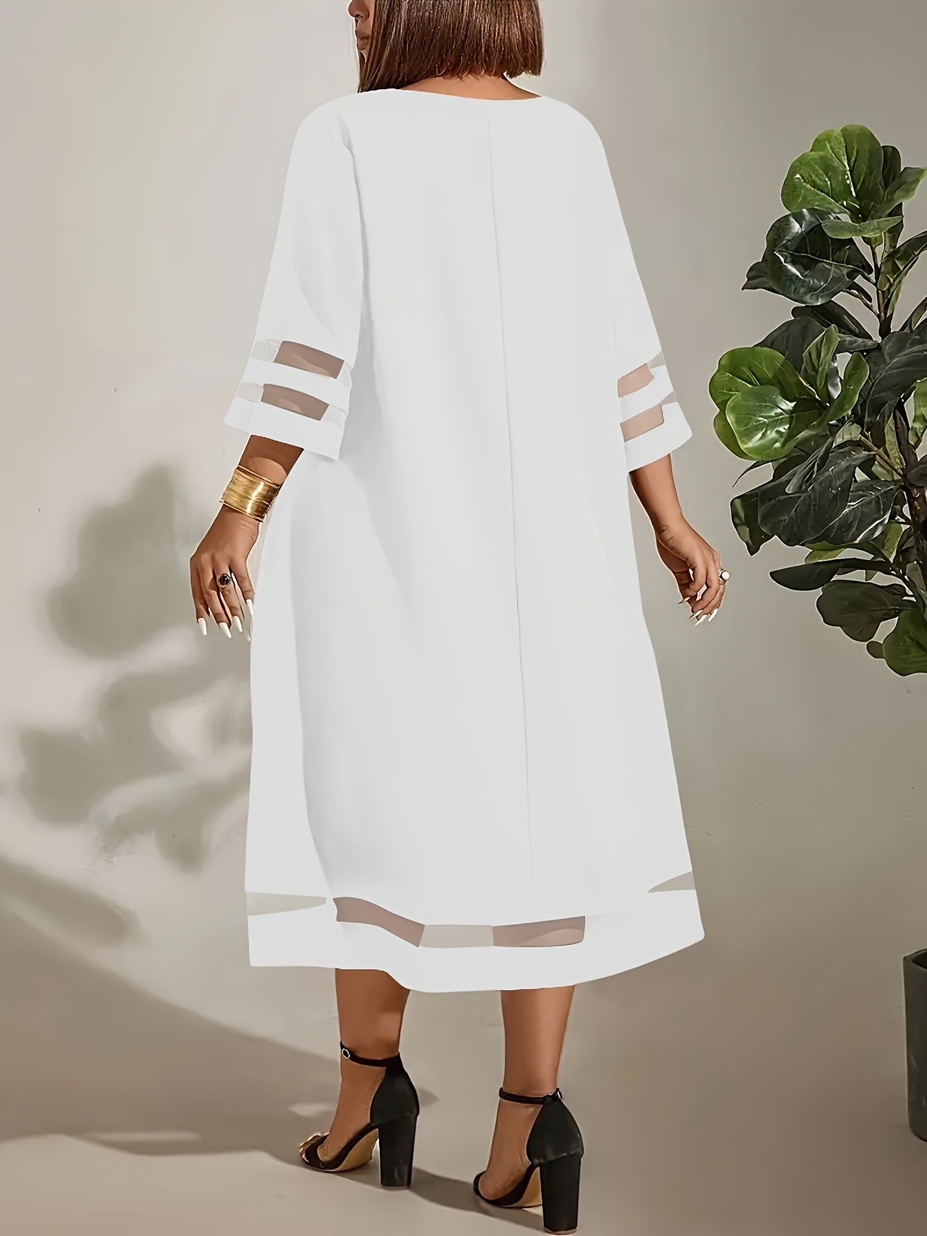 Plus Size, Plus Size Women's Elegant Casual Chic Dress - Breathable Mesh Inserts, Garden Neckline & 3/4 Sleeves, Fitted Solid Color Design for Spring Summer Autumn, Machine Washable, Dress Blouses Elegant, Seasonal Fashion, Flowy Fabric