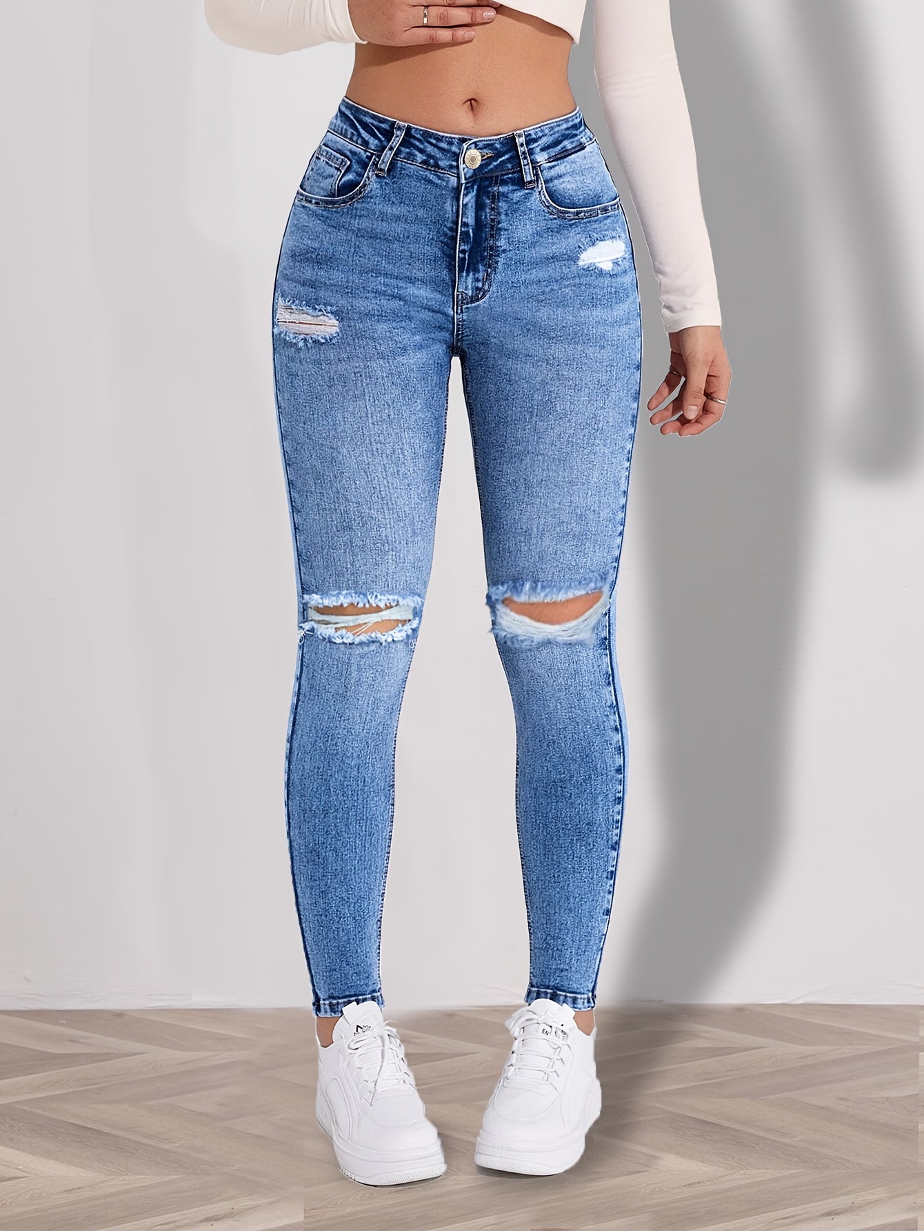 Women'S High-Waisted Skinny Jeans - Distressed Blue Denim Stretch Slim Fit with Button Closure, Long Length & All-Season Casual Style for Casual Attire, Highwaisted Trousers | Comfortable Fashion