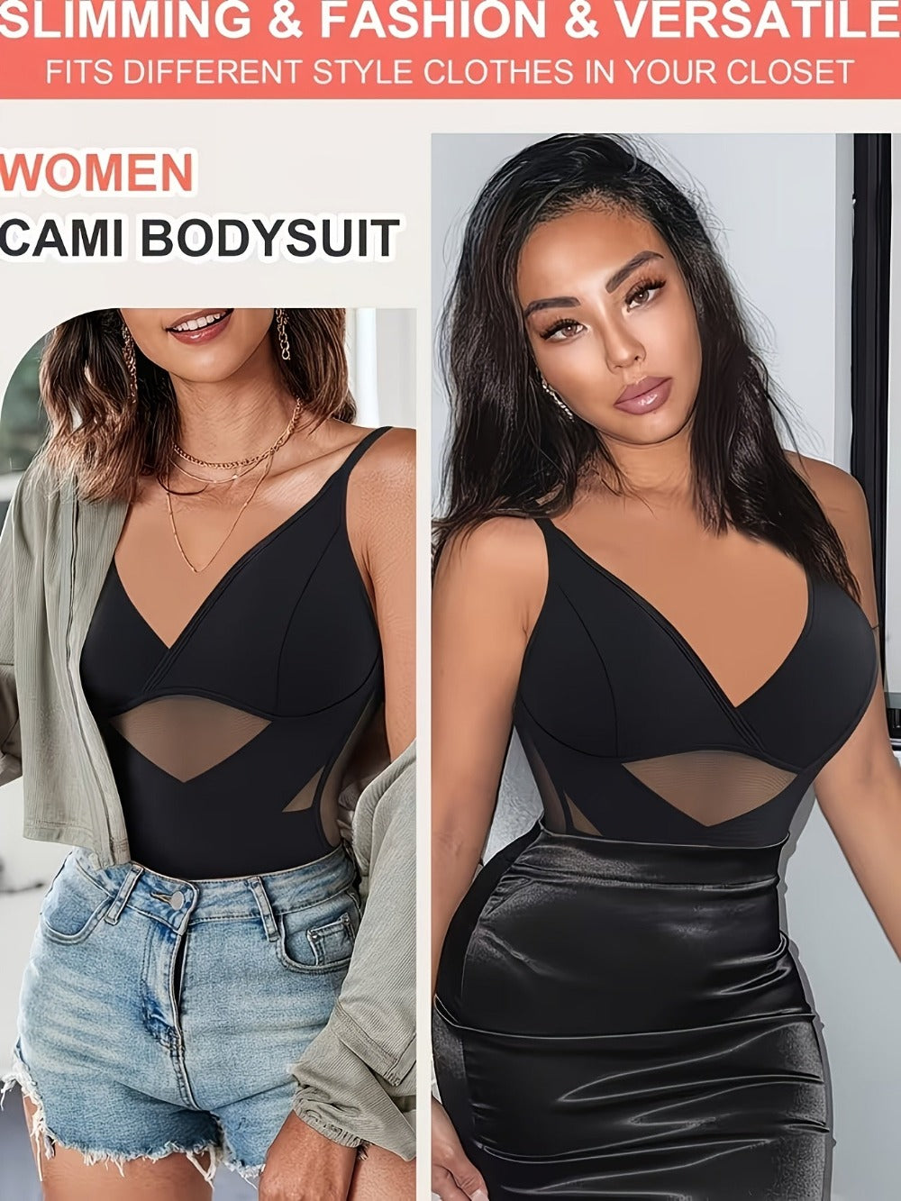 Women's Deep V Shapewear Bodysuit - Mesh Full Body Shaper with Pads