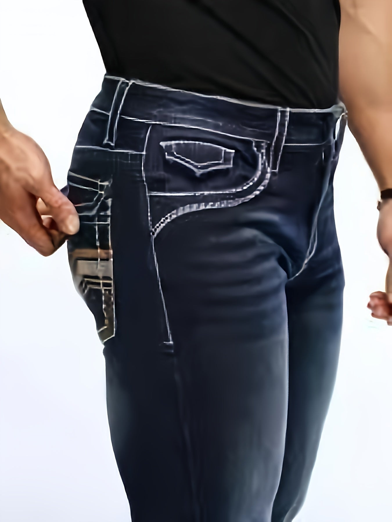 Men's Deep Blue Elastic Embroidered Casual Jeans