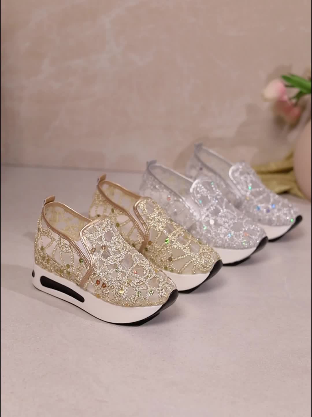 Sneakers, Women's Glittery Thick-Heeled Net Perforated Shoes, Height-Increasing Shock-Absorbing Sole, Four-Season Casual Shoes, Comfortable Sporty Style, Lightweight Design