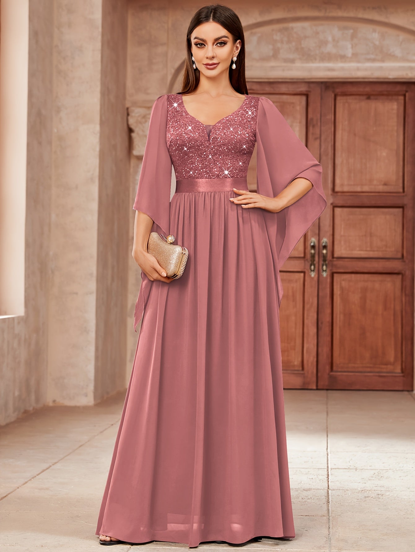 53303 Elegant Women's Lace & Sequin Bridesmaid Dress - A-Line Maxi Wedding Gown with 3/4 Bell Sleeves, V-Neck Color-Block (Bodice &), Machine Washable Bridesmaids Gown for Weddings, Parties, Prom