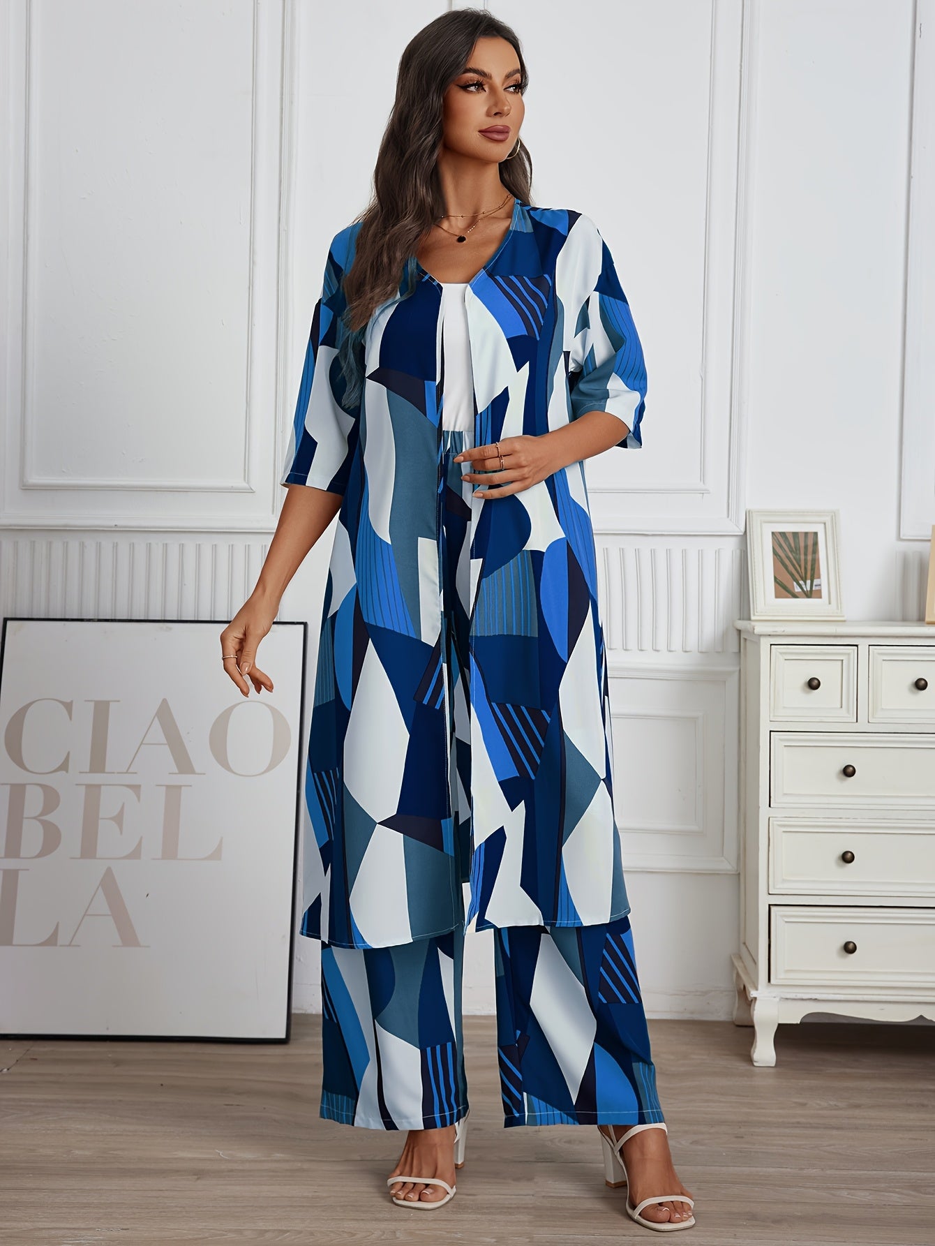 Vacation Style Geo Print Pantsuits Set, Long Length Short Sleeve Shirt & Wide Leg Pants Outfits, Women's Clothing