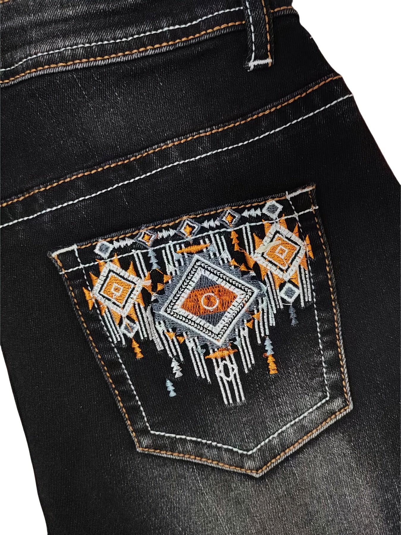 Women's Vintage Embroidered Geometric Detail Mid-Rise Stretch Flared Jeans - High Elasticity Machine-Washable Denim Pants for All-Season Comfort