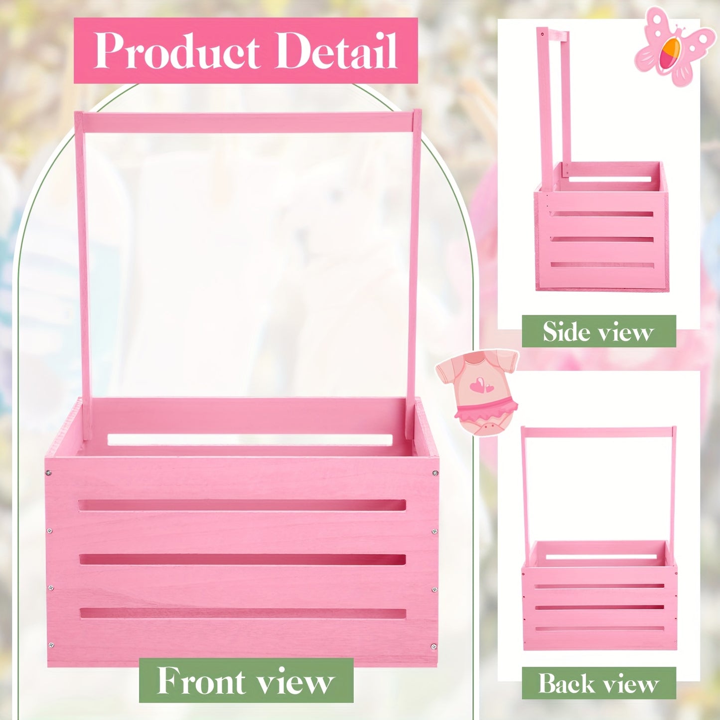 Wood Shower Storage Box with Handle - Gender Reveal Hamper, Organizer, Multi-Use Gift Basket for Showers (Pink & Classic), Solid Wood Crate for Onesie/Diapers/Samples