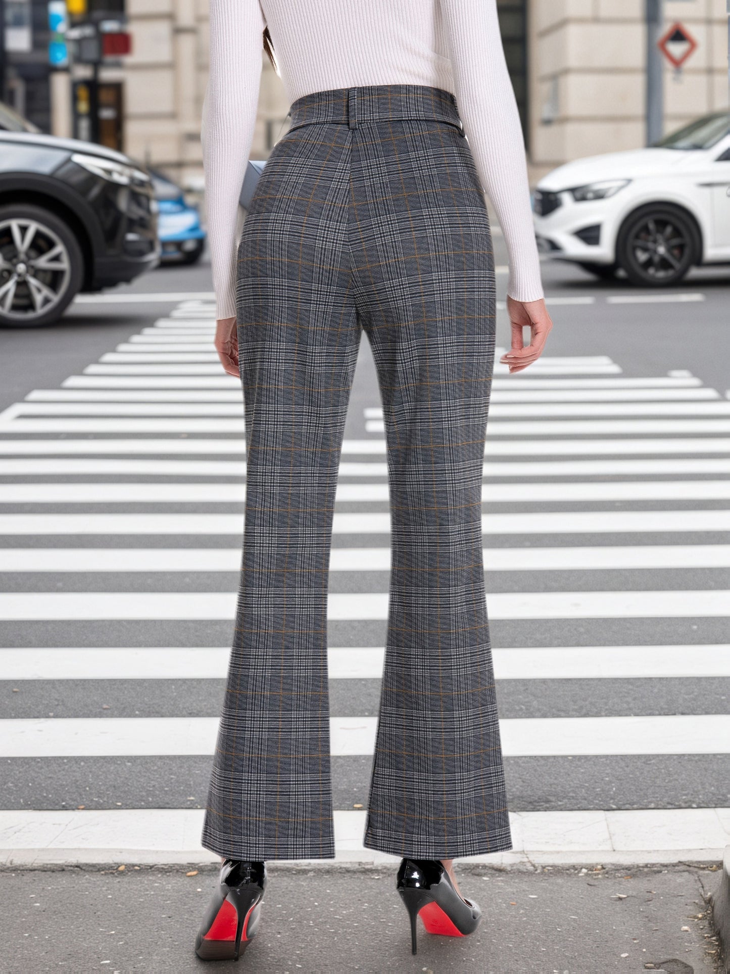 Elegant Plaid Flare Trousers for Women Featuring a High Waist And Tie Belt, Designed for a Slim Fit with Pockets, Perfect for Office Wear