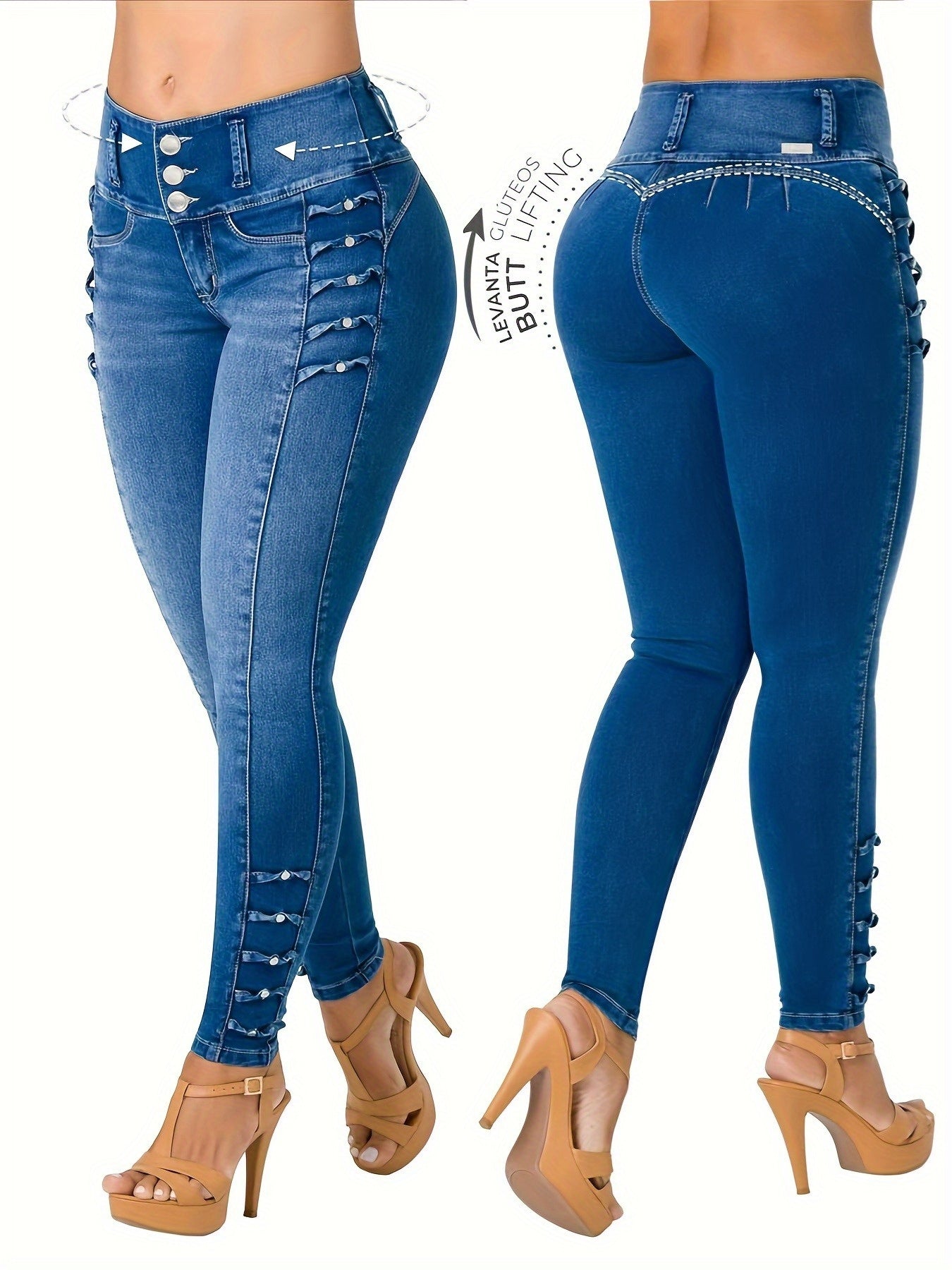Casual Women'S Jeans with a Blue Wash, Featuring Front Buttons, Side Decorations, an Elastic Waist for a Lifting Effect, And a Snug Fit at The Ankles